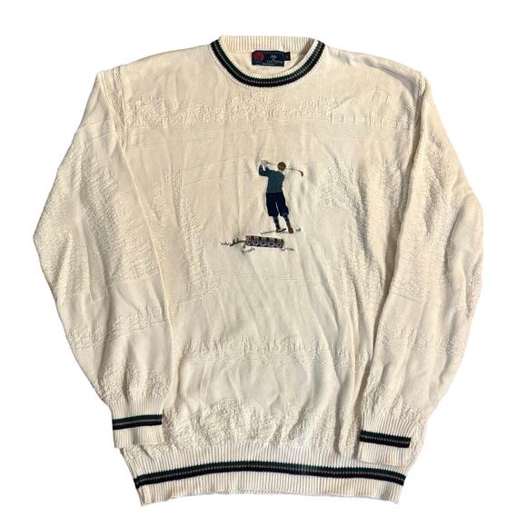 Isle of Cotton Other - Isle of Cotton Embroidered Golf Sweater Knit Pattern Cream Vintage Large Tall
